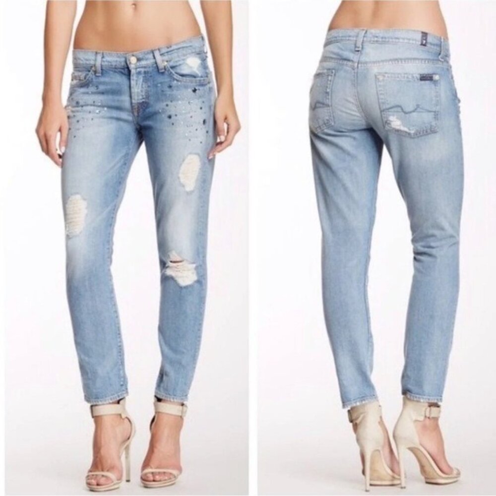 New 7FAM Josefina Jewel Skinny Boyfriend Jeans in Blue Size 28‎